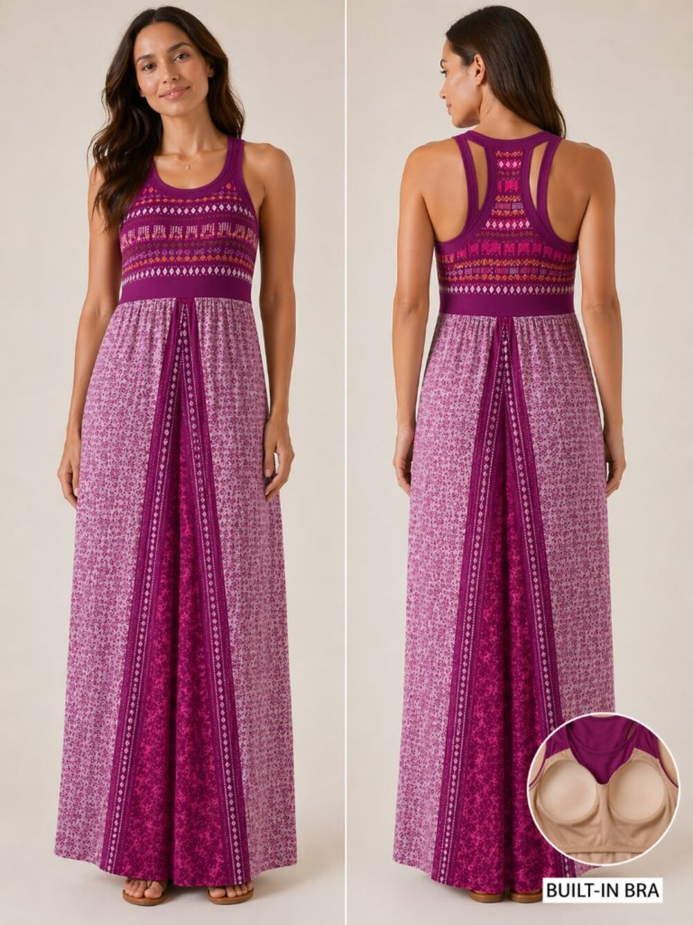 Athletha Rio Maxi Dress Sz M Raceback Soft Stretch Build In Bra Comfy Vacay